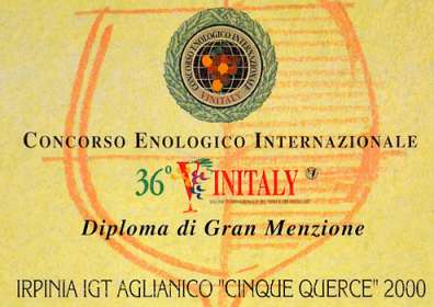 36° Vinitaly: Great Mention to Irpinia Aglianico DOC “Cinque Querce” 2000