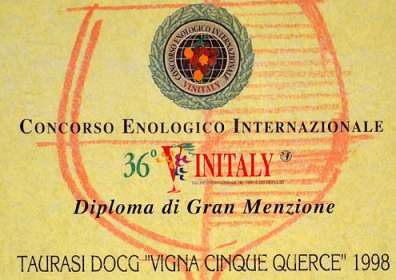 36° Vinitaly: Great Mention to the Taurasi DOCG “Vigna Cinque Querce” 1998